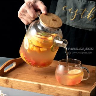 Bình trà nắp gỗ thuỷ tinh chịu nhiệt phong cách Vintage
