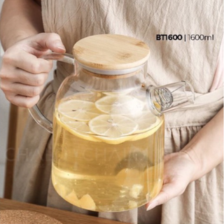 Bình trà nắp gỗ thuỷ tinh chịu nhiệt phong cách Vintage