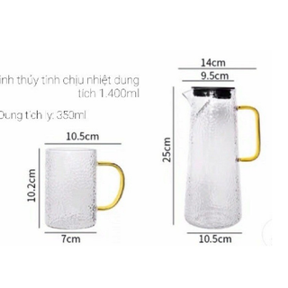Bộ bình thủy tinh 6 cốc quai nhiều màu
