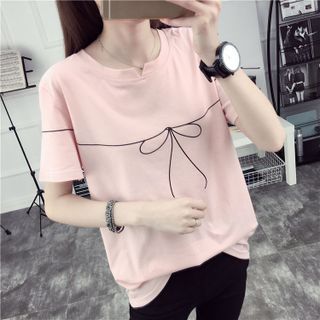 M18 - áo thun nữ màu hồng in nơ