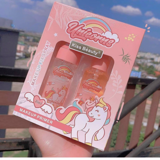 Bộ Meckup Fix Spray gồm Kem lót và xịt khoáng Kiss Beauty Unicorn cầu vồng