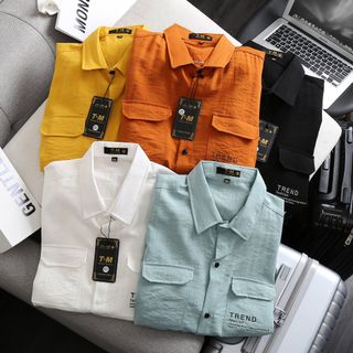 ÁO SƠ MI ĐŨI NAM TAY DÀI IN CHỮ TREND CÓ TÚI TRƯỚC NGỰC