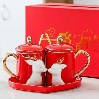 Cặp Cốc Sứ Nắp Đậy Kèm Thìa , Khay Uống Trà Hình Hươu Nổi