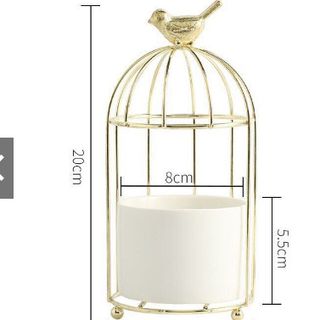 Giỏ vàng kèm cốc sứ đựng thìa dĩa hoặc trồng cây kiểu dáng lồng chim