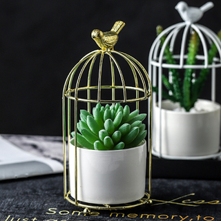 Giỏ vàng kèm cốc sứ đựng thìa dĩa hoặc trồng cây kiểu dáng lồng chim