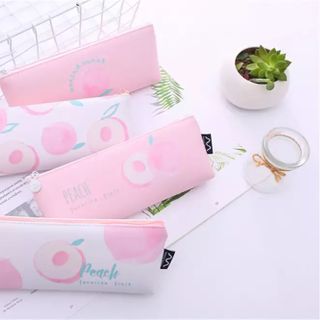 Hộp bút quả đào trắng hồng da PU mềm mại