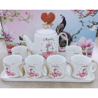 Bộ ấm chén kèm khay sứ trắng pha trà nắp thỏ nhiều họa tiết( Mã RB)