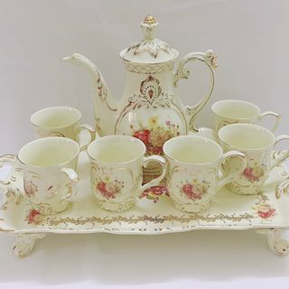 Bộ bình trà sứ phong cách hoàng gia cổ điển màu trắng ngà họa tiết hoa cúc
