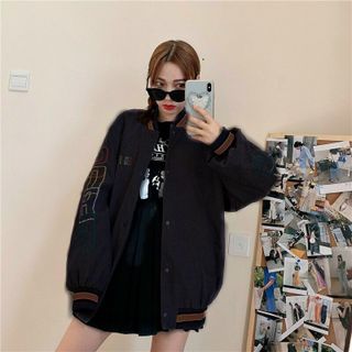 Áo khoác nhung kiểu bomber logo thêu bán chạy