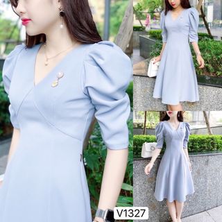 ĐẦM XOÈ XANH CỔ V KÈM PHỤ KIỆN - DT1497- XUONGMAYDOTHANH
