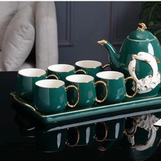 Bộ bình cốc kèm khay sứ cao cấp phong cách châu âu họa tiết mẹ con cá voi