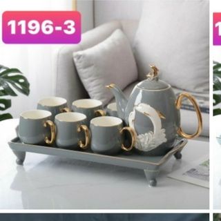 Bộ bình cốc kèm khay sứ cao cấp phong cách châu âu họa tiết mẹ con cá voi