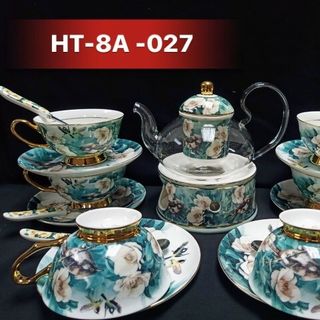 BỘ ẤM CHÉN SỨ XƯƠNG KÈM LÓT TÁCH + BẾP ĐUN NẾN CAO CẤP MÀU XANH