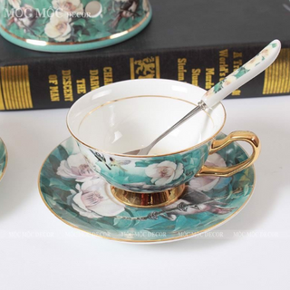 BỘ ẤM CHÉN SỨ XƯƠNG KÈM LÓT TÁCH + BẾP ĐUN NẾN CAO CẤP MÀU XANH