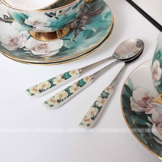 BỘ ẤM CHÉN SỨ XƯƠNG KÈM LÓT TÁCH + BẾP ĐUN NẾN CAO CẤP MÀU XANH