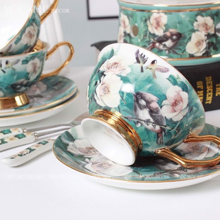BỘ ẤM CHÉN SỨ XƯƠNG KÈM LÓT TÁCH + BẾP ĐUN NẾN CAO CẤP MÀU XANH