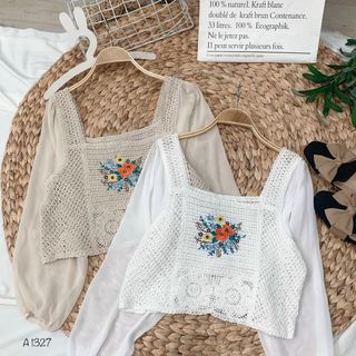 Áo len móc hoa 2 màu trắng - be A1327