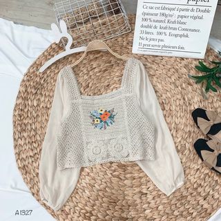 Áo len móc hoa 2 màu trắng - be A1327