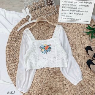 Áo len móc hoa 2 màu trắng - be A1327