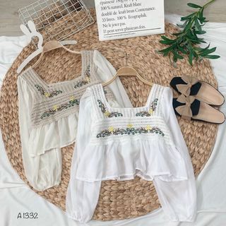 Áo len móc hoa 2 màu trắng - be A1332