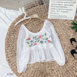 Áo len móc hoa 2 màu trắng - be A1329 A1330