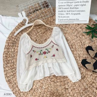 Áo len móc hoa 2 màu trắng - be A1329 A1330