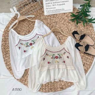 Áo len móc hoa 2 màu trắng - be A1329 A1330