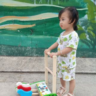 XE EM BÉ TẬP ĐI BẰNG GỖ, CÓ BA CHÚ CHIM VÀ IN LỤA HAI HÔNG XE HÌNH CHÚ CÚN DỄ THƯƠNG