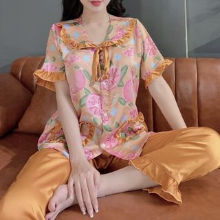 Đồ bộ nữ pijama Satin tiểu thư in trái cam