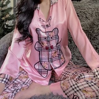 Đồ bộ mặc nhà pijama Satin in 3d gấu Karo Dài Cộc