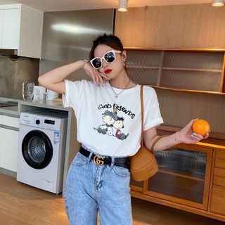 Áo thun nữ tay lỡ áo phông nữ tay lỡ freesixe form rộng hoạ tiết dễ thương mặc đôi mặc nhóm phù hop - ZZ-16 trắng