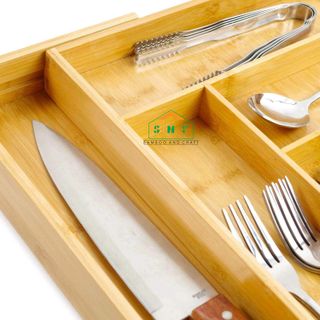 Khay gỗ tre 6 ngăn và 2 ngăn mở rộng kéo giãn đựng muỗng nĩa đũa, dụng cụ bếp, đồ chơi và dụng cụ học tập, đựng dụng cụ trang điểm và dụng cụ gia đình - cao cấp sản xuất tại Việt Nam