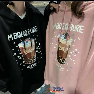 Áo hoodie thun nỉ ngoải in hình ly trà sữa MBQBQBURE nón 2 lớp