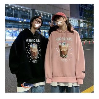 Áo hoodie thun nỉ ngoải in hình ly trà sữa MBQBQBURE nón 2 lớp