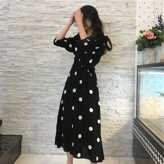 ĐẦM XOÈ CHẤM BI TAY BO - DT1506 - xưởng may đô thành Q3