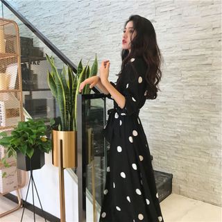 ĐẦM XOÈ CHẤM BI TAY BO - DT1506 - xưởng may đô thành Q3