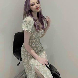ĐẦM CÚC HỌA MI TAY CON HAI MÀU Y HÌNH
