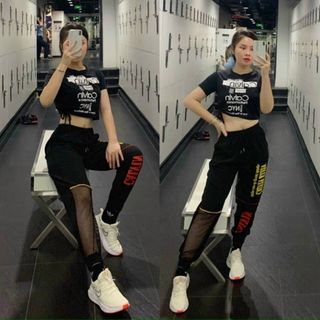 Bộ tập zumba áo rút dây, quần pha lưới