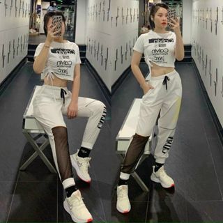 Bộ tập zumba cao cấp áo rút dây, quần pha lưới