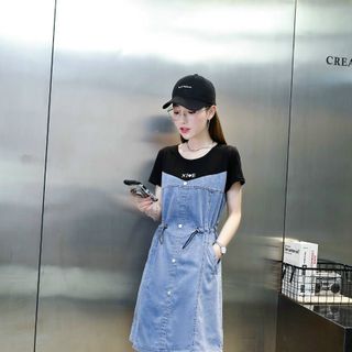 Váy bò phối áo thun liền rút dây eo
