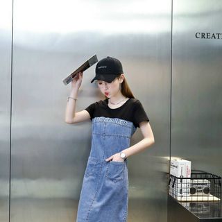 Váy bò phối áo thun liền rút dây eo