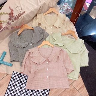 Áo kiểu caro cổ bèo