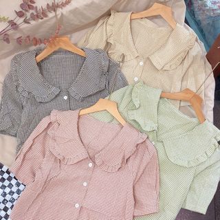 Áo kiểu caro cổ bèo
