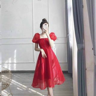 Đầm xoè tay phồng phối nút ngực