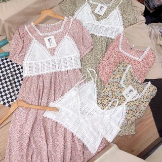 Đầm cổ vuông phối áo ren ngoài