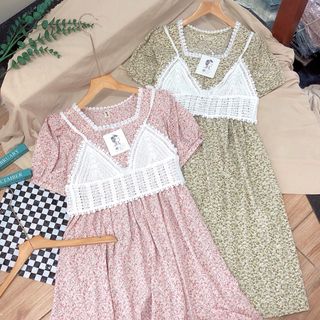 Đầm cổ vuông phối áo ren ngoài