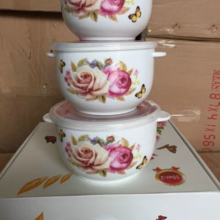 Hộp 3 chiếc bát sứ có nắp đậy và tay cầm | Set 3 thố sứ hút chân không