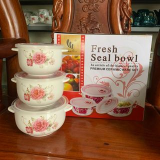 Hộp 3 chiếc bát sứ có nắp đậy và tay cầm | Set 3 thố sứ hút chân không
