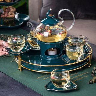 Bộ ấm chén đế nến pha trà hoa cúc ấm bằng thủy tinh chịu nhiệt kèm khay hình tròn giá sỉ