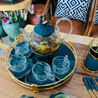 Bộ ấm chén đế nến pha trà hoa cúc ấm bằng thủy tinh chịu nhiệt kèm khay hình tròn